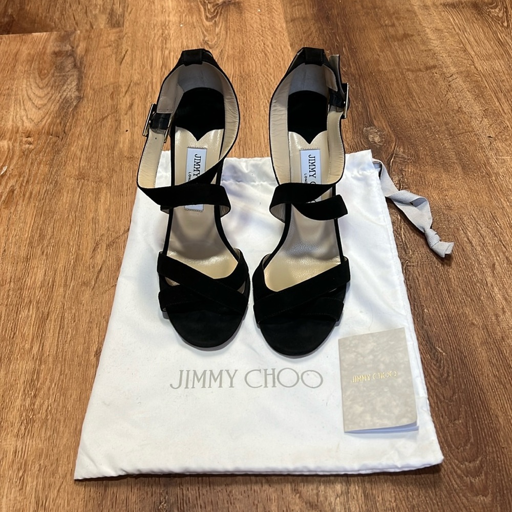NEW Jimmy Choo Black Suede Louise Crisscross Sandal Heels 8.5 Euro 39.5